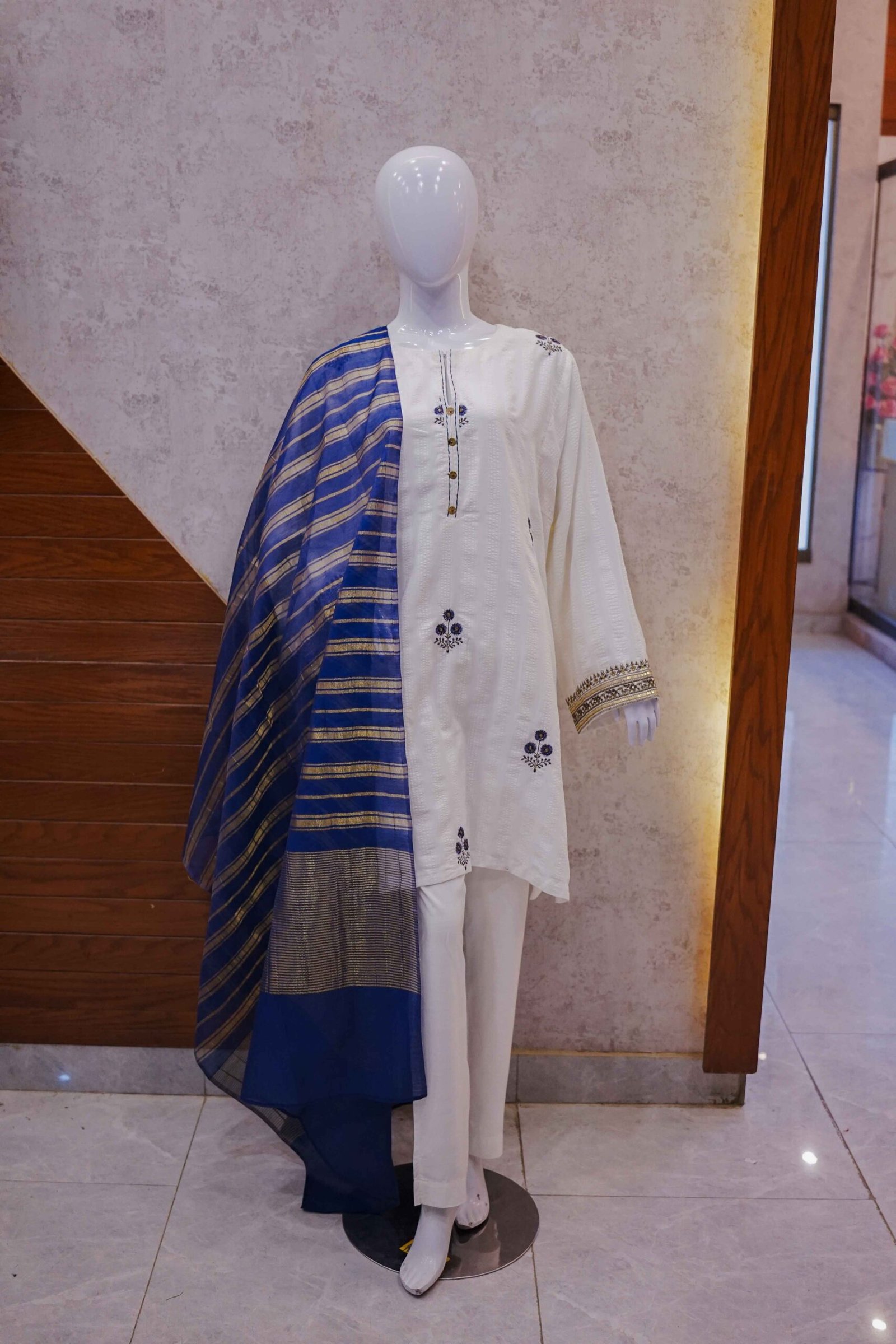 White Embroidered Suit with Royal Blue Gold-Lined Dupatta