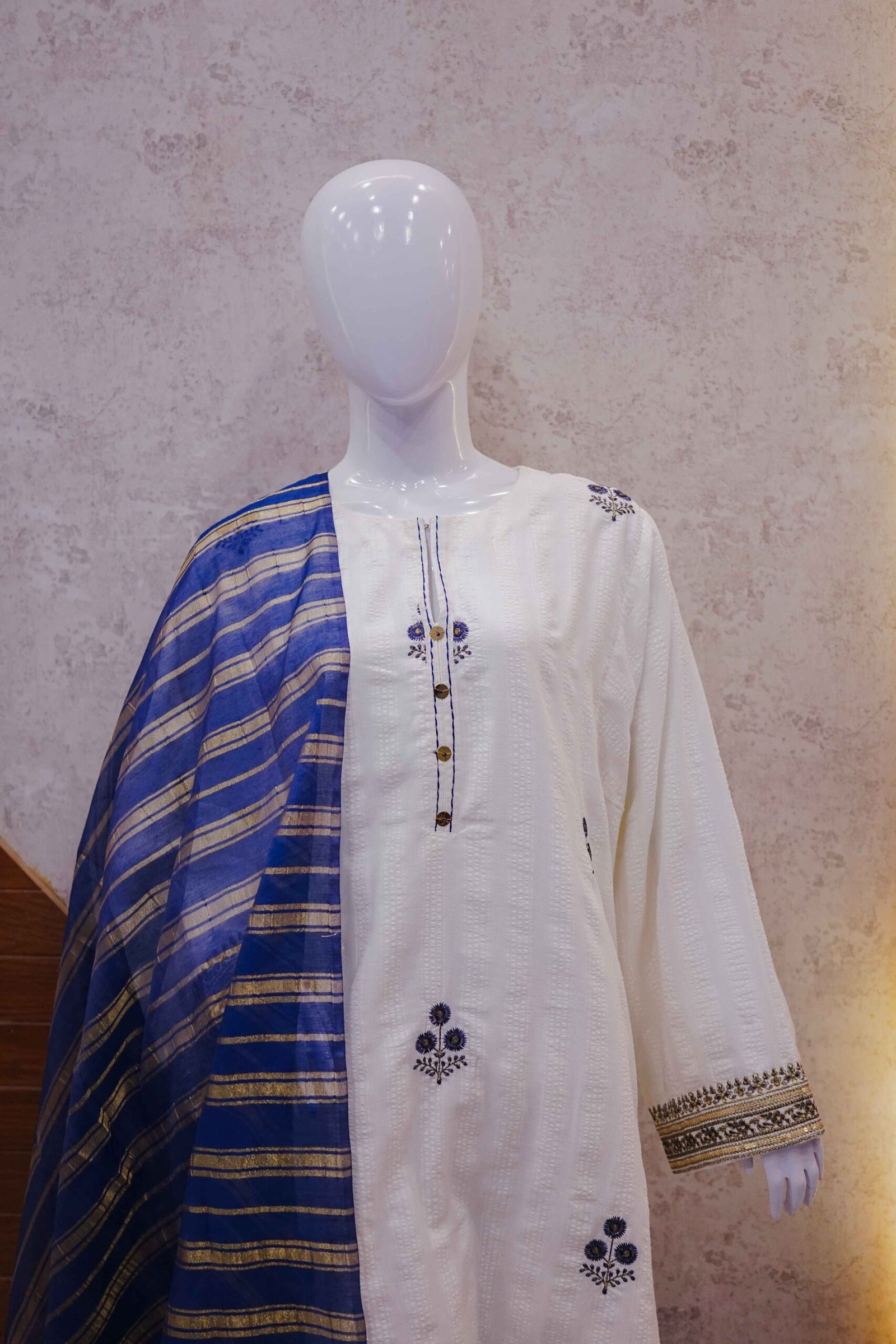 White Embroidered Suit with Royal Blue Gold-Lined Dupatta