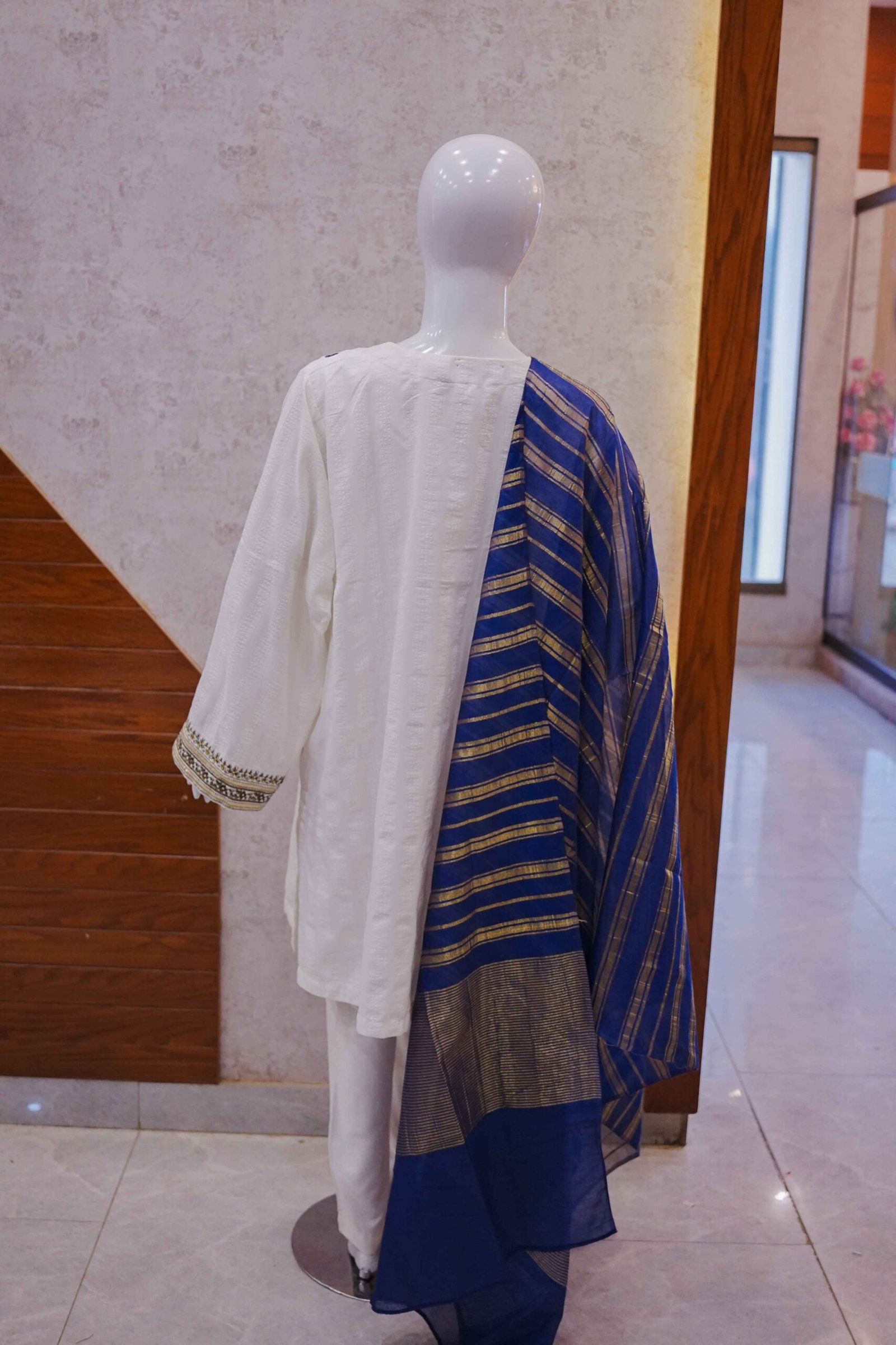White Embroidered Suit with Royal Blue Gold-Lined Dupatta