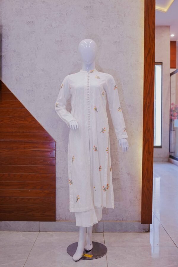 White Eyelet Cotton Kurta with Subtle Floral Motifs