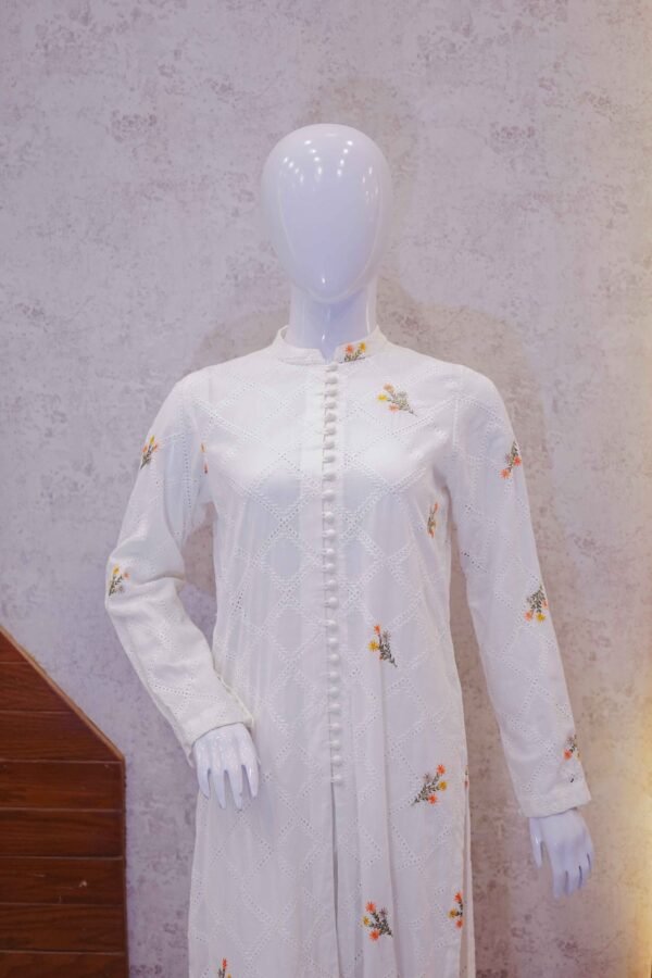White Eyelet Cotton Kurta with Subtle Floral Motifs