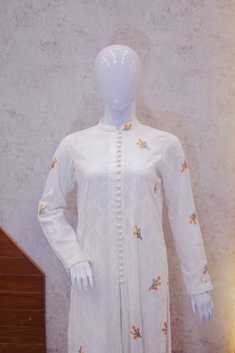 White Eyelet Cotton Kurta with Subtle Floral Motifs