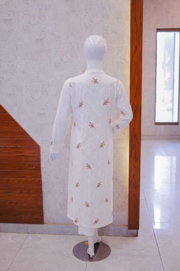 White Eyelet Cotton Kurta with Subtle Floral Motifs
