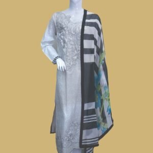 White Jacquard Embroidered Suit with Monochrome Dupatta