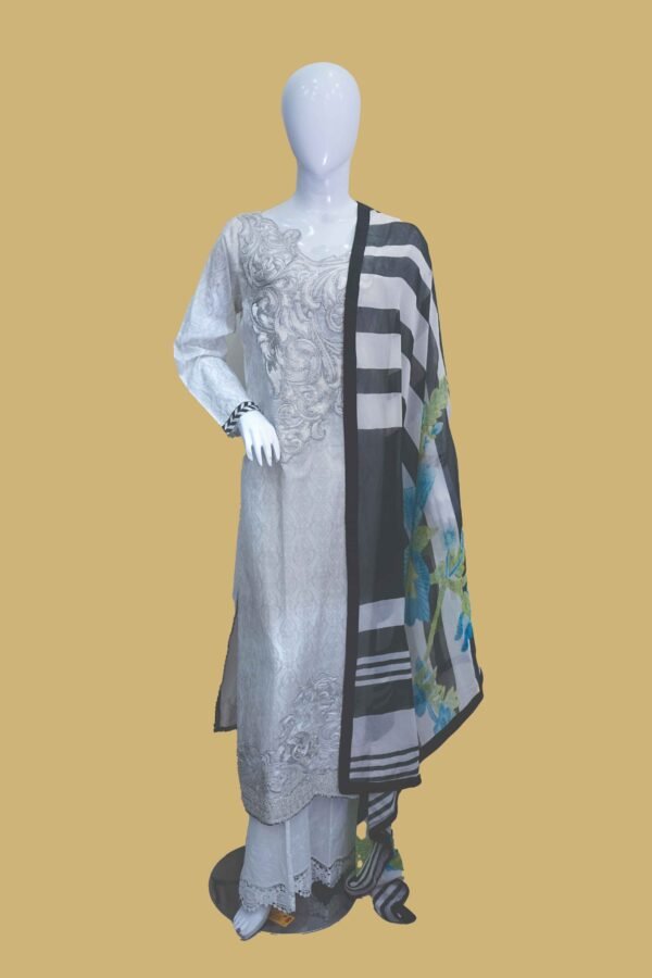 White Jacquard Embroidered Suit with Monochrome Dupatta