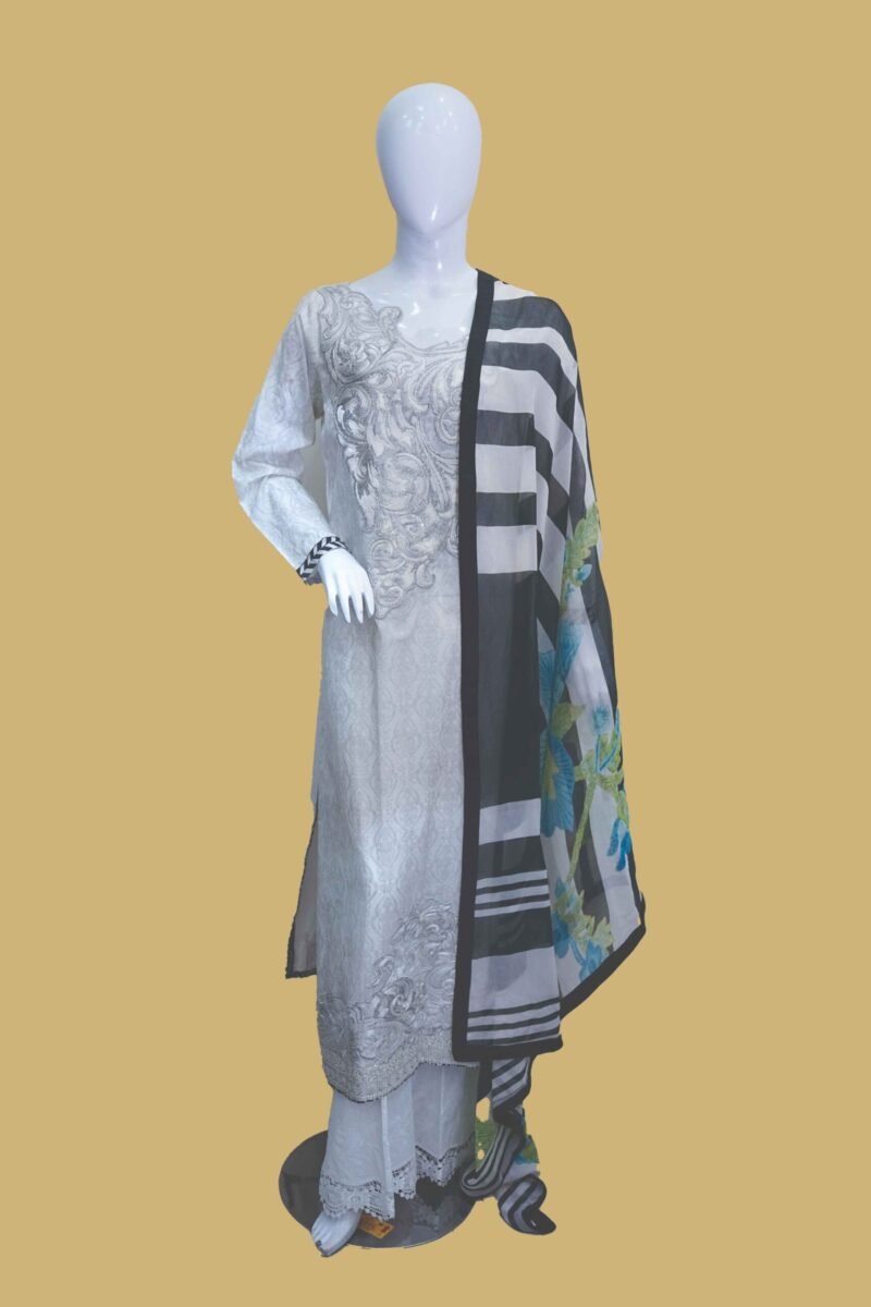 White Jacquard Embroidered Suit with Monochrome Dupatta