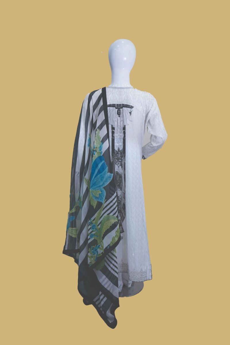 White Jacquard Embroidered Suit with Monochrome Dupatta