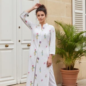White Schiffli Kurta with Colorful Floral Embroidery