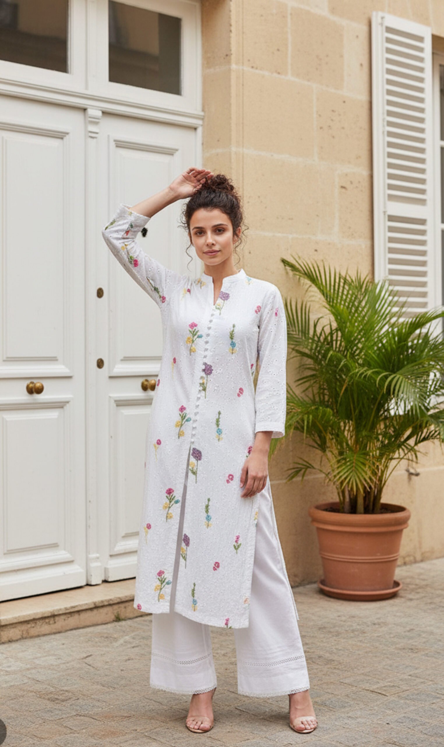 White Schiffli Kurta with Colorful Floral Embroidery