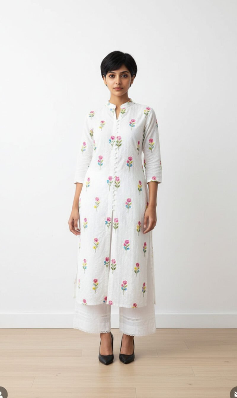 White Schiffli Kurta with Colorful Floral Embroidery