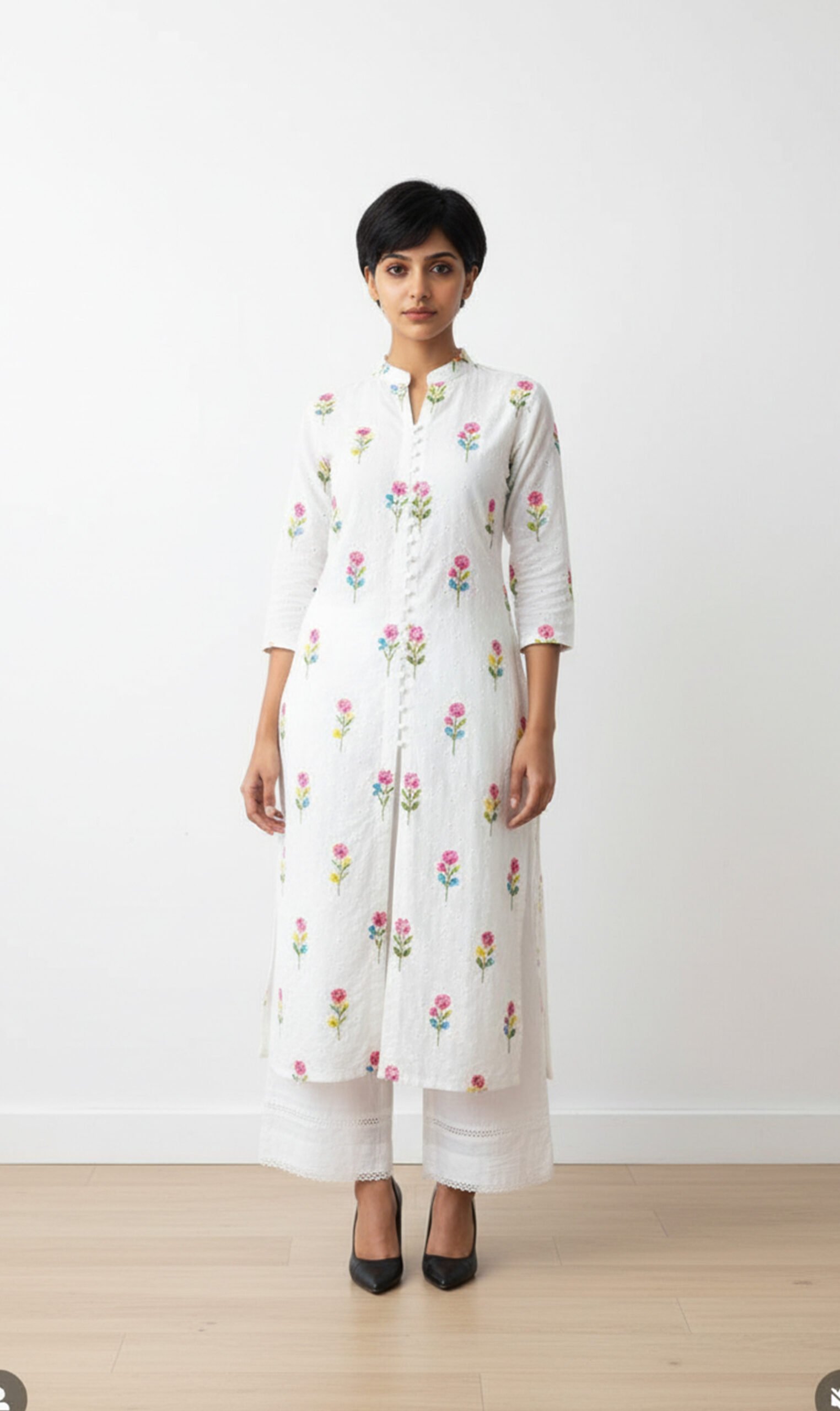 White Schiffli Kurta with Colorful Floral Embroidery