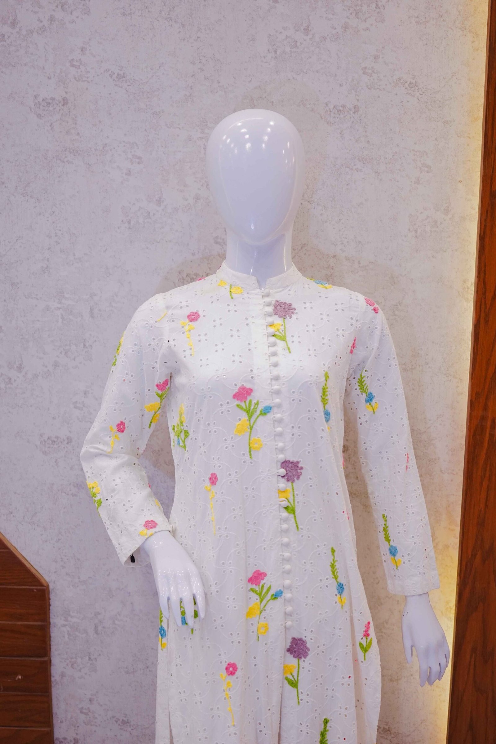 White Schiffli Kurta with Colorful Floral Embroidery
