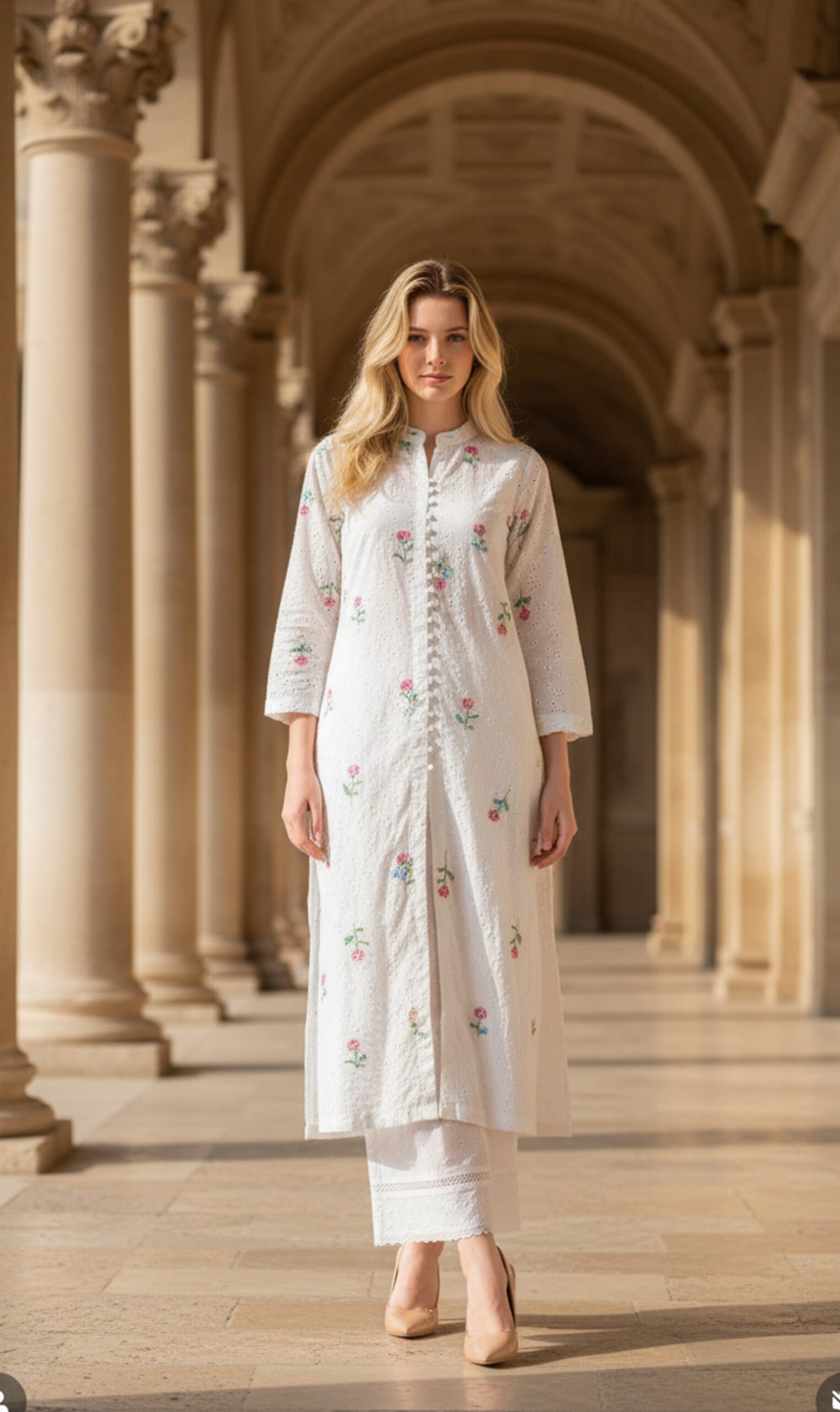 White Schiffli Kurta with Colorful Floral Embroidery