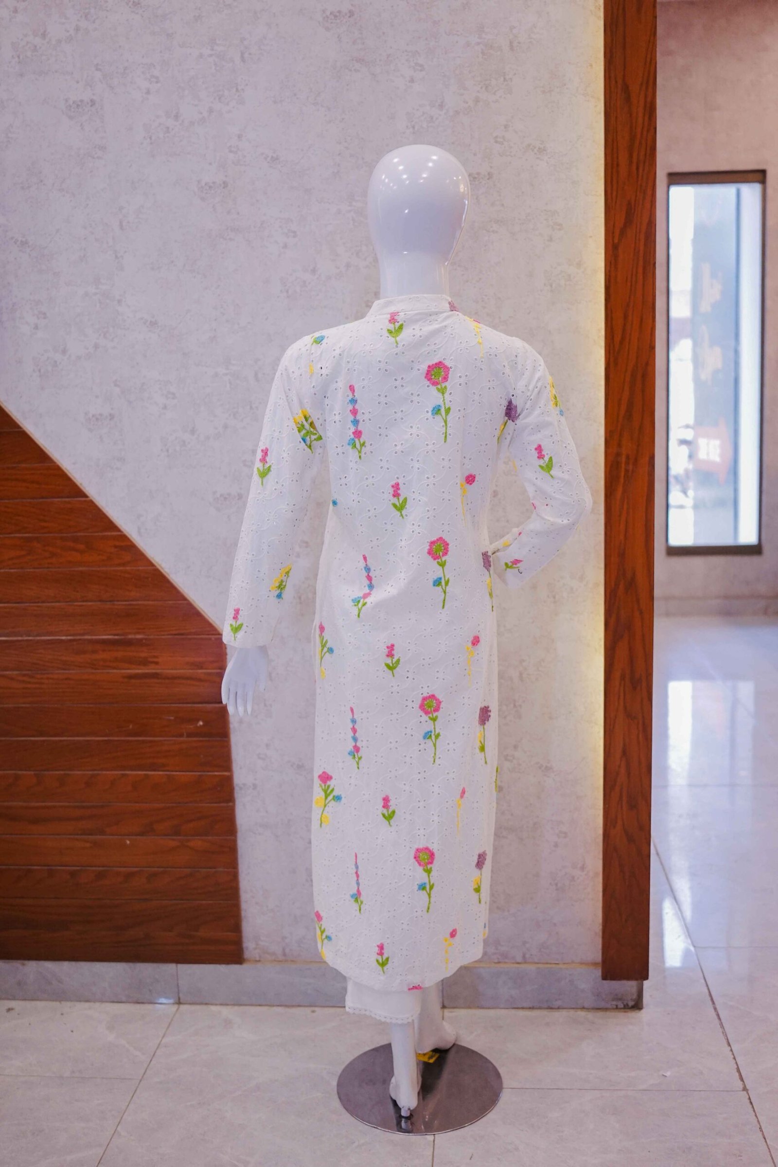 White Schiffli Kurta with Colorful Floral Embroidery