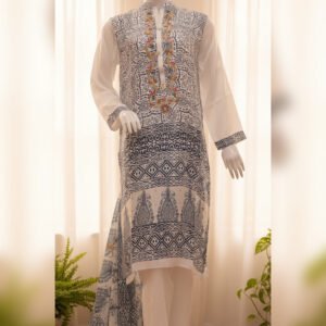 Ivory and Navy Printed Silk Shirt