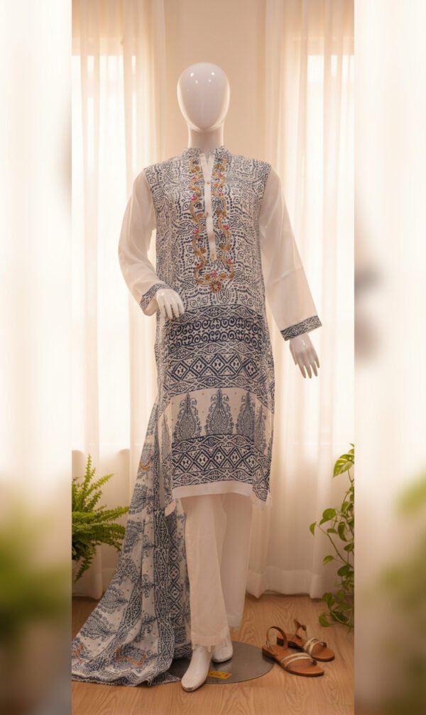 Ivory and Navy Printed Silk Shirt