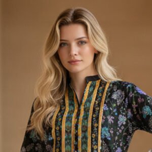 Black Silk Ensemble with Floral Charm and Golden Accents