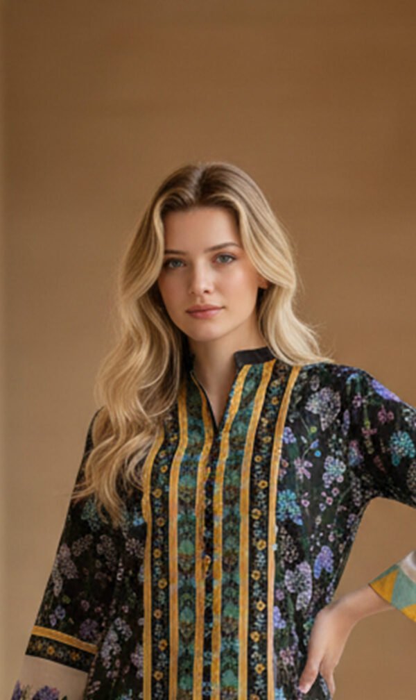 Black Silk Ensemble with Floral Charm and Golden Accents