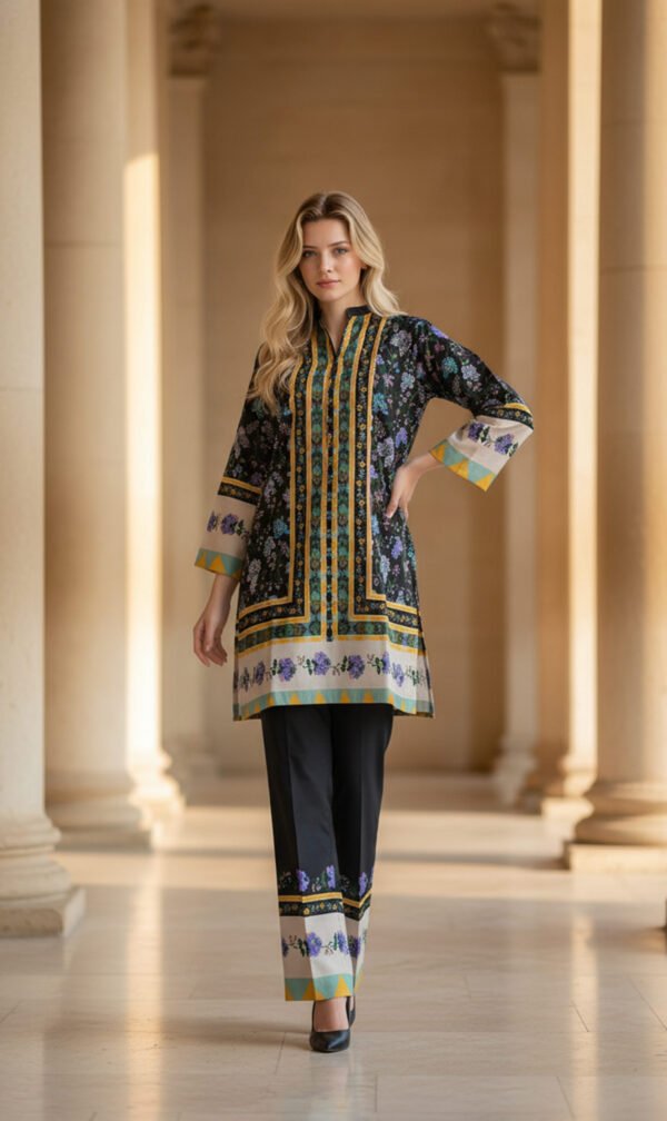 Black Silk Ensemble with Floral Charm and Golden Accents