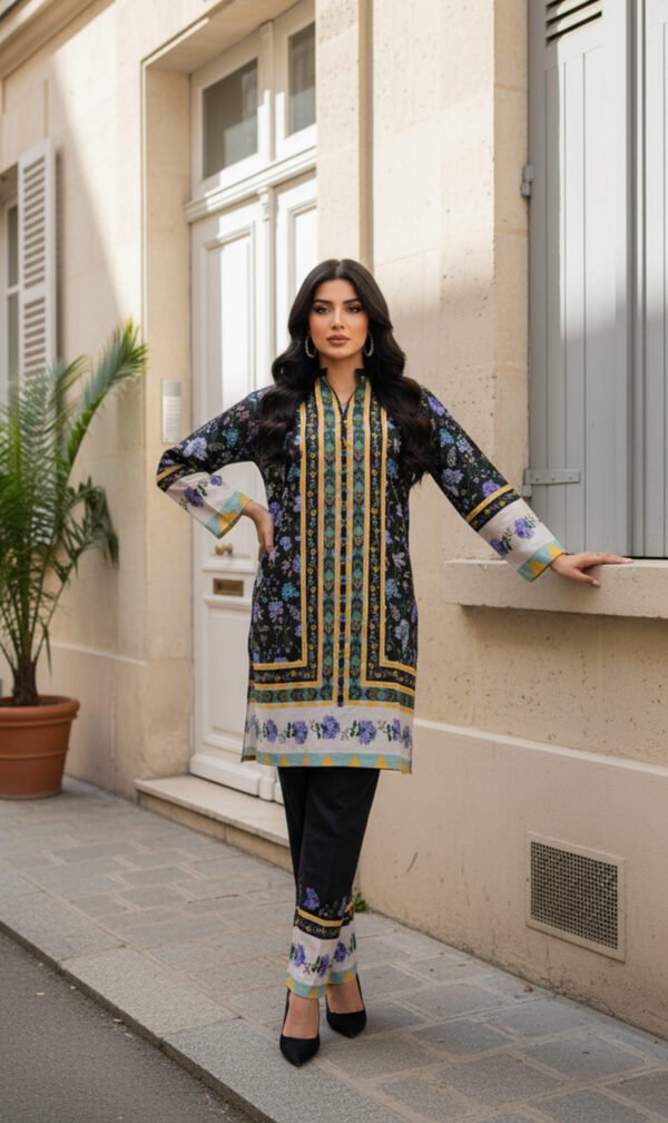 Black Silk Ensemble with Floral Charm and Golden Accents