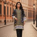 Black Silk Ensemble with Floral Charm and Golden Accents