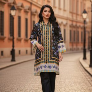 Black Silk Ensemble with Floral Charm and Golden Accents