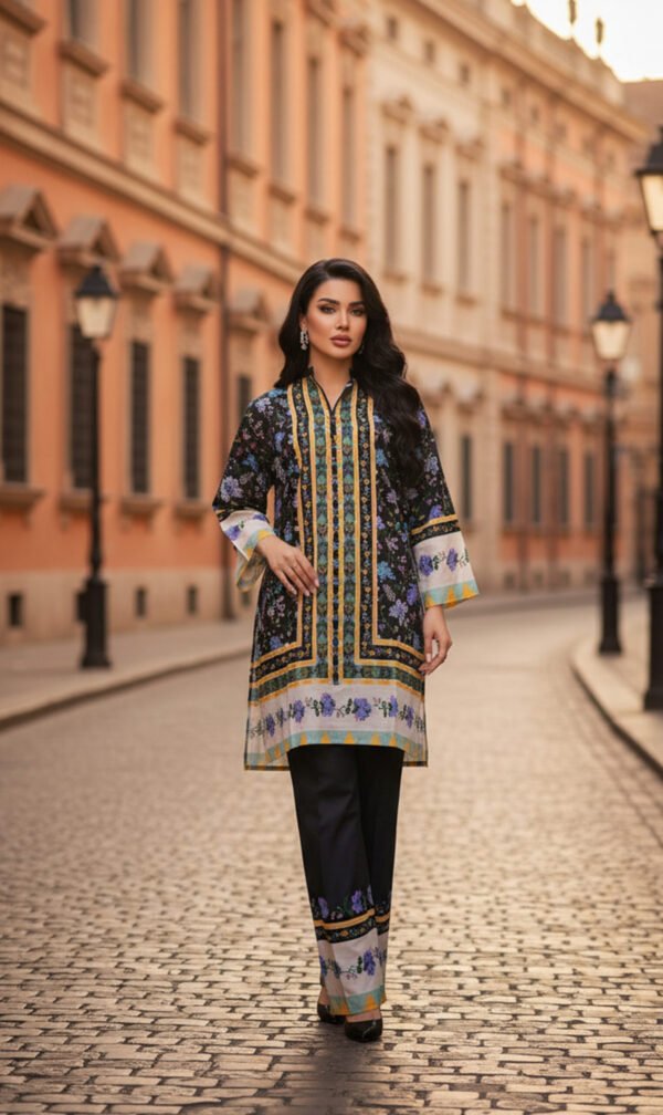 Black Silk Ensemble with Floral Charm and Golden Accents