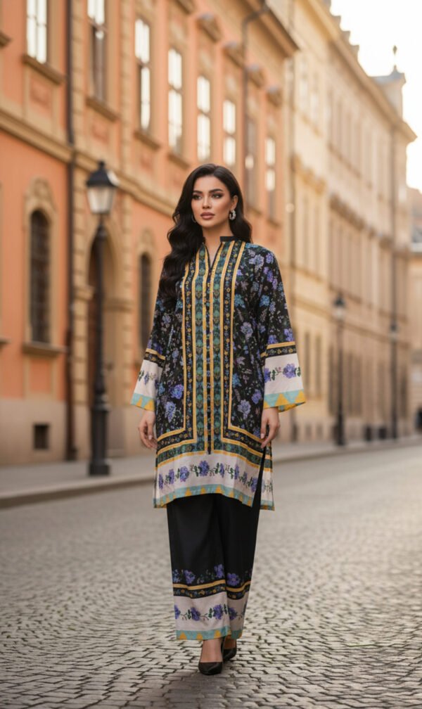 Black Silk Ensemble with Floral Charm and Golden Accents