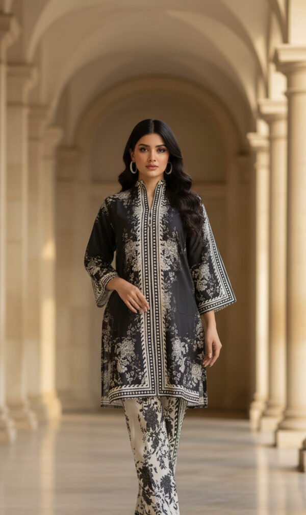 Elegant Noir Floral Silk Ensemble
