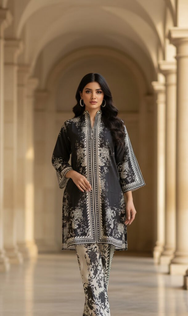 Elegant Noir Floral Silk Ensemble