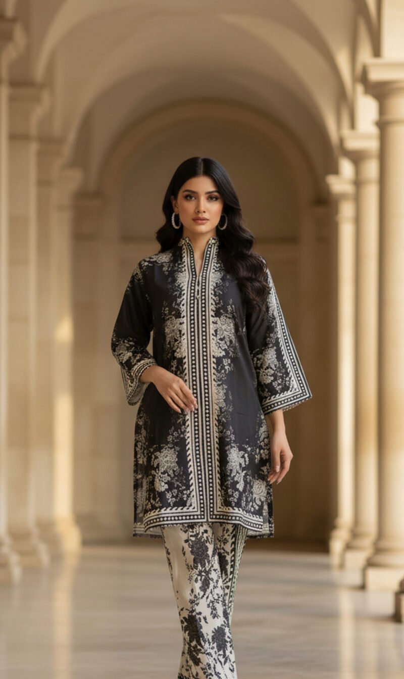 Elegant Noir Floral Silk Ensemble