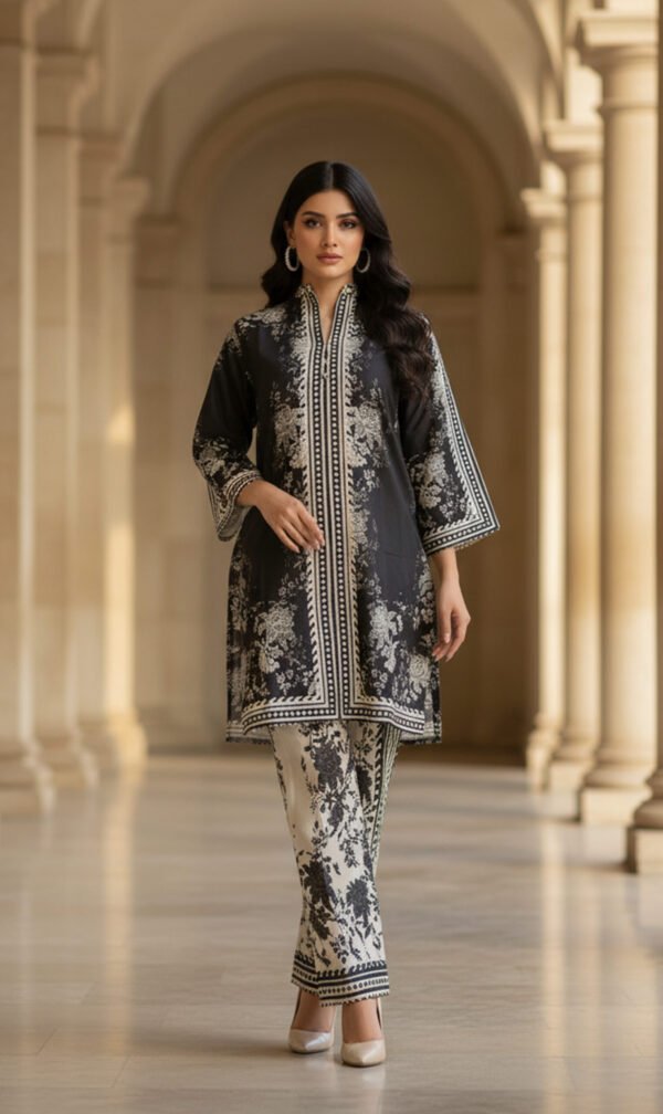 Elegant Noir Floral Silk Ensemble