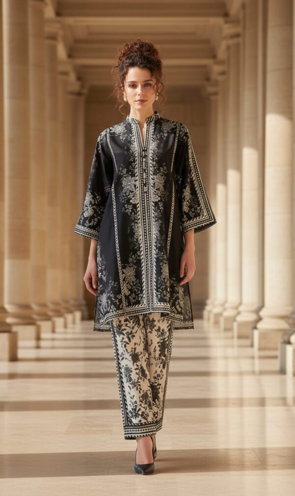 Elegant Noir Floral Silk Ensemble