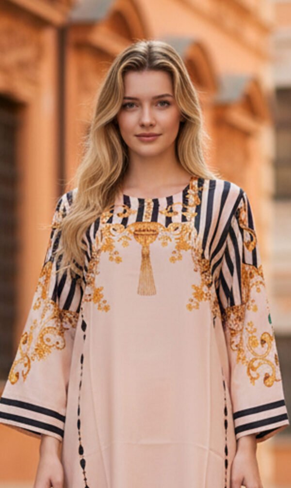 Elegant Peach Silk Ensemble with Royal Baroque Detailing