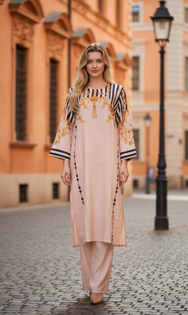 Elegant Peach Silk Ensemble with Royal Baroque Detailing