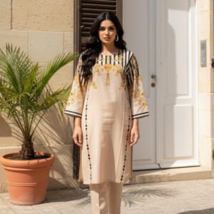 Elegant Peach Silk Ensemble with Royal Baroque Detailing