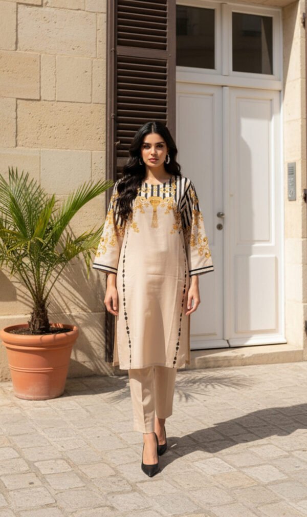 Elegant Peach Silk Ensemble with Royal Baroque Detailing