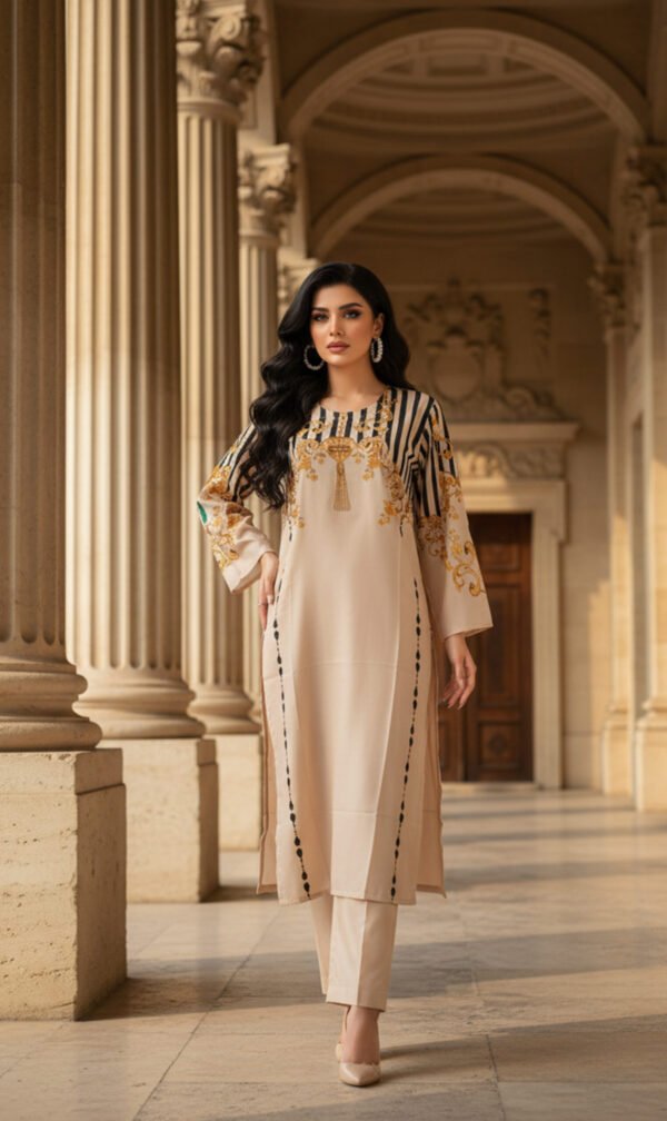 Elegant Peach Silk Ensemble with Royal Baroque Detailing