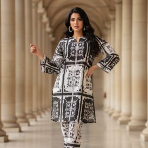 Monochrome Block-Print Silk Ensemble