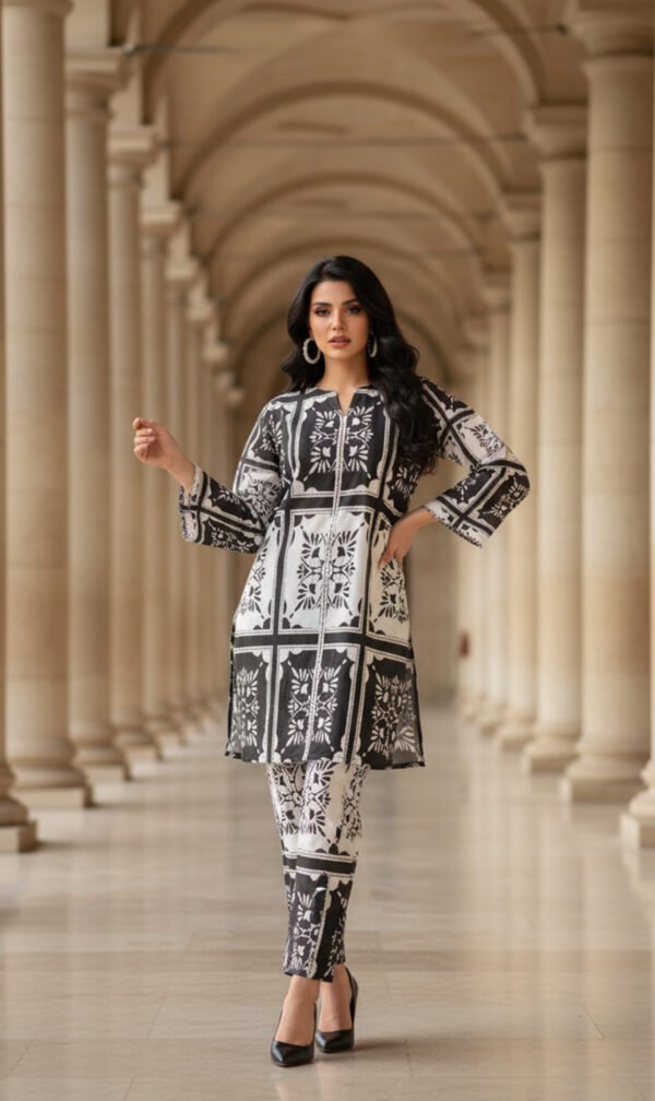 Monochrome Block-Print Silk Ensemble