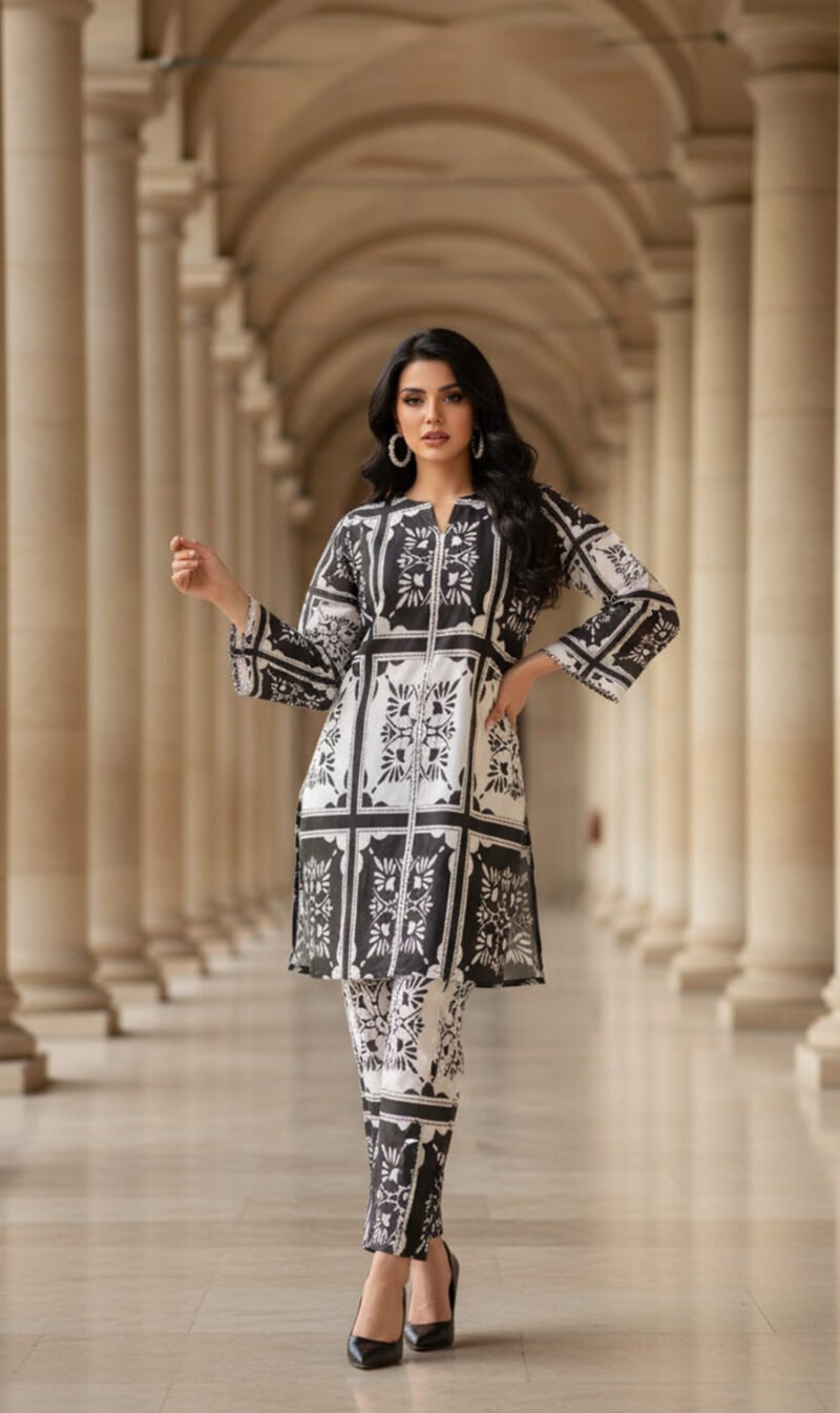 Monochrome Block-Print Silk Ensemble