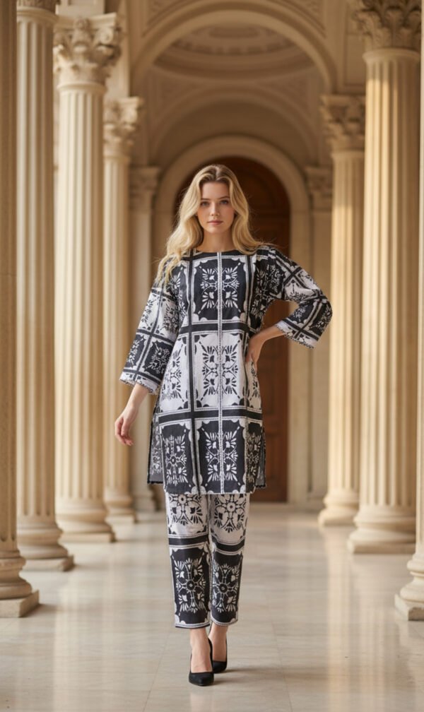 Monochrome Block-Print Silk Ensemble