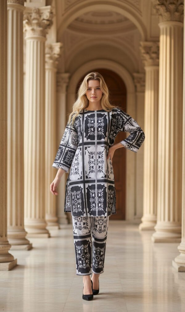 Monochrome Block-Print Silk Ensemble