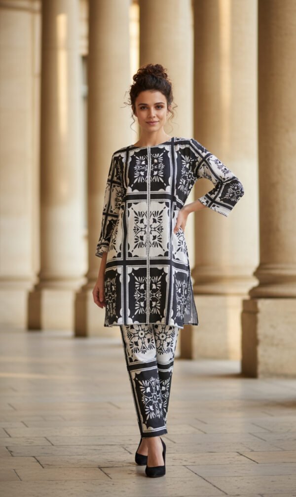 Monochrome Block-Print Silk Ensemble