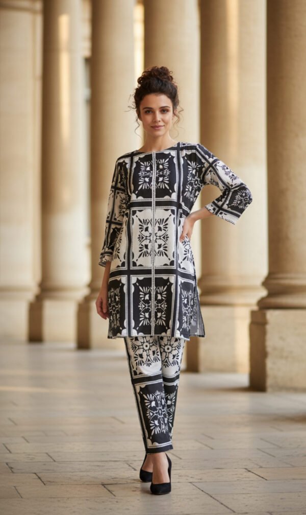Monochrome Block-Print Silk Ensemble