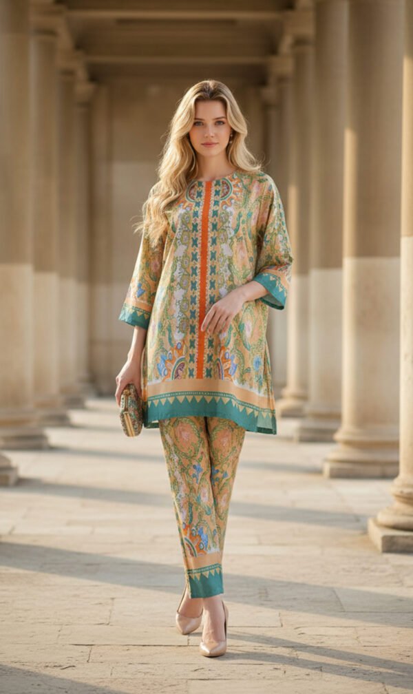 Saffron Green Paisley Silk Ensemble