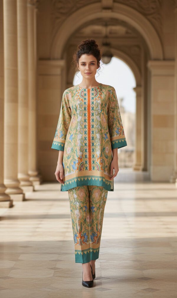 Saffron Green Paisley Silk Ensemble