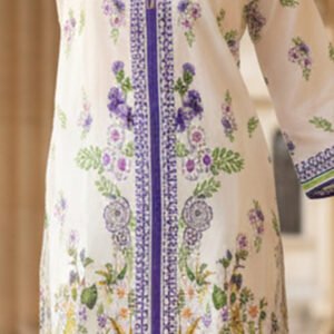 White Silk Ensemble with Lavender Floral Elegance