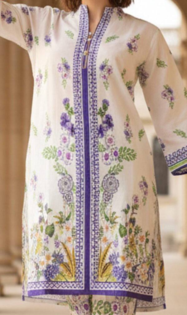 White Silk Ensemble with Lavender Floral Elegance