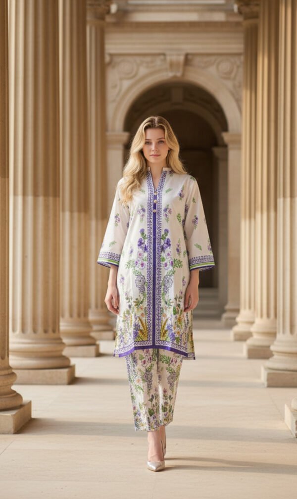 White Silk Ensemble with Lavender Floral Elegance